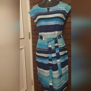 Marc New York Sleeveless Striped Midi Dress Keyhole Neckline Silver Logo Detail